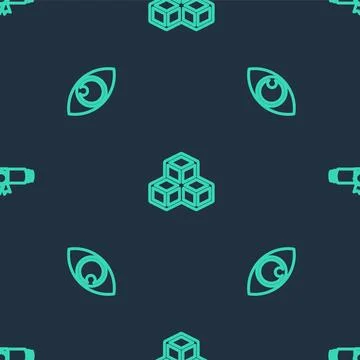 Set line Isometric cube, Eye and Diploma rolled scroll on seamless pattern. V Stock Illustration