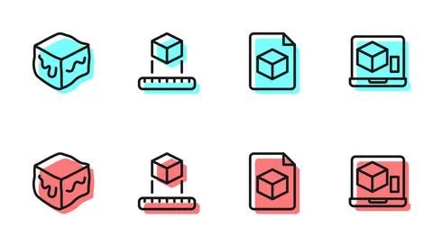 Set line Isometric cube file, , and 3D printer icon. Vector Illustrazione stock
