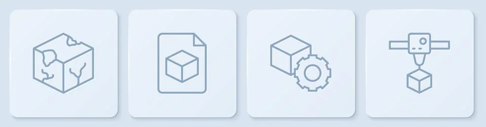 Set line Isometric cube, , file and 3D printer. White square button. Vector Stock Illustration
