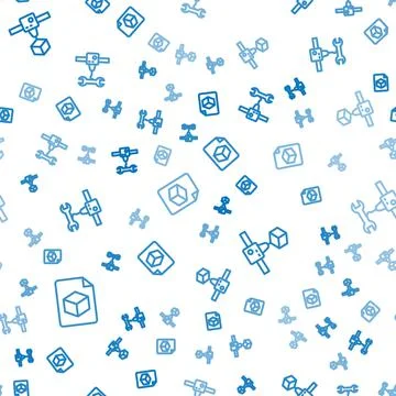 Set line Isometric cube file, 3D printer and wrench spanner on seamless pattern Illustrazione stock