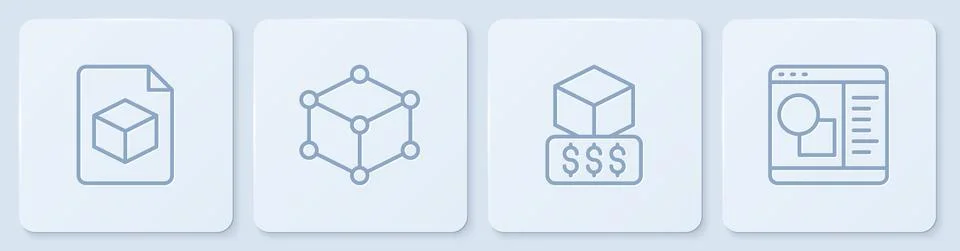 Set line Isometric cube file, 3D printer services, and software. White square Ilustração Stock