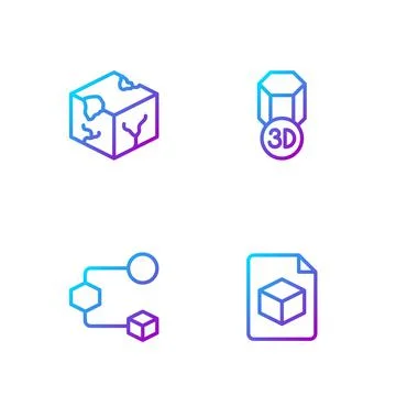 Set line Isometric cube file, , and 3D printer. Gradient color icons. Vector Stock Illustration