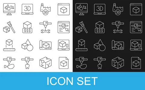 Set line Isometric cube file, 3D printer, setting, Printing house industry Stock Illustration
