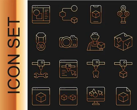 Set line Isometric cube file, 3D printer, software, Photo camera, and Graphic Ilustração Stock