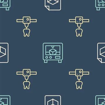 Set line Isometric cube file, 3D printer tooth and on seamless pattern. Vector Illustrazione stock