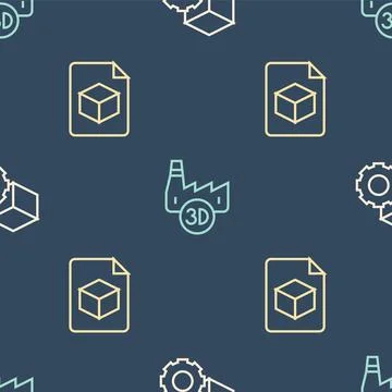 Set line Isometric cube, file and Printing house industry on seamless pattern Illustrazione stock