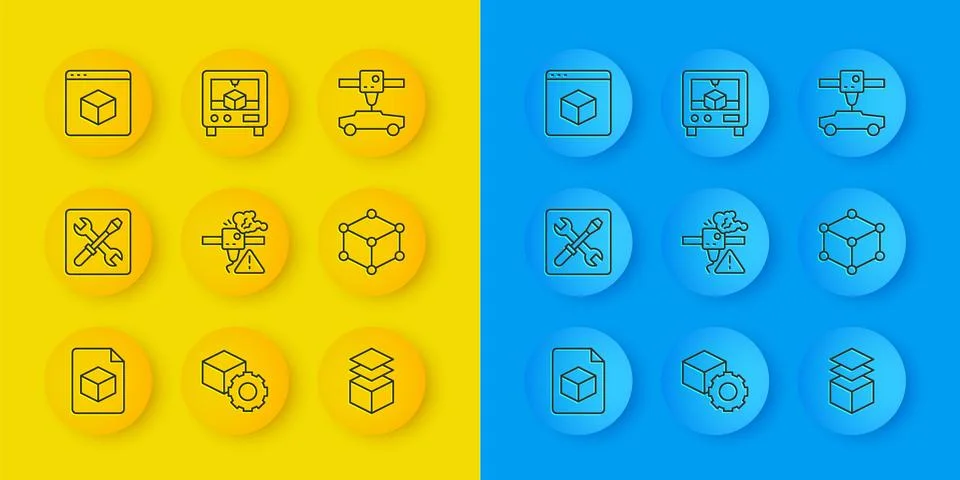 Set line Isometric cube file, 3D printer setting, warning, Layers, car and .. Stock Illustration