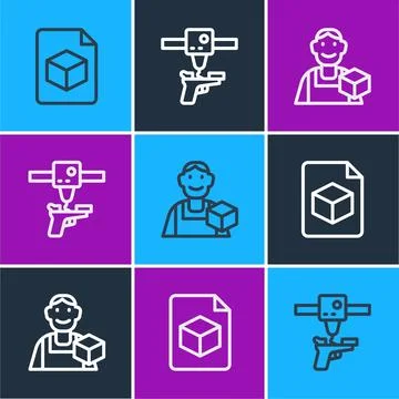 Set line Isometric cube file, Graphic designer and 3D printer gun icon. Vecto Stock Illustration