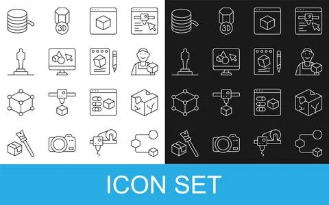 Set line Isometric cube, Graphic designer, 3D printer, software, model, Fil.. Ilustração Stock