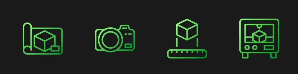 Set line Isometric cube, Graphing paper for engineering, Photo camera and 3D Stock Illustration