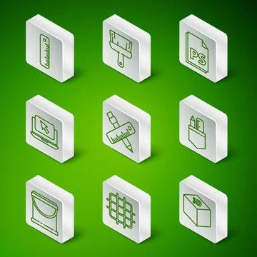 Set line Isometric cube, Grid graph paper, Ruler, Crossed ruler and pencil,.. Stock Illustration