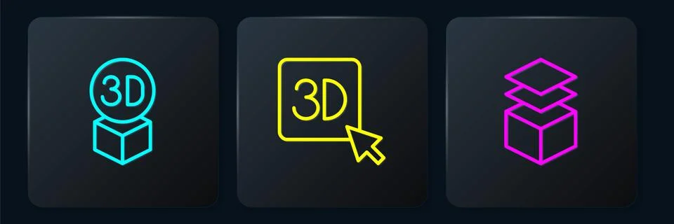 Set line Isometric cube, Layers and 3D printer. Black square button. Vector Stock Illustration