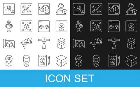Set line Isometric cube, Layers, 3D printer, Geometric figure Cube, scanner.. Stock Illustration