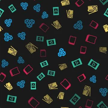 Set line Isometric cube, Play Video, Radio and SD card on seamless pattern Illustrazione stock
