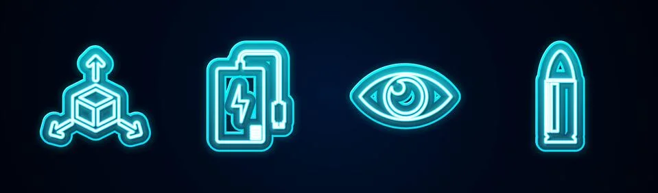 Set line Isometric cube, Power bank, Eye and Bullet. Glowing neon icon. Vector 스톡 일러스트