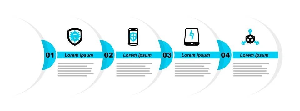 Set line Isometric cube, Power bank, Money protection and UV icon. Vector Stock Illustration
