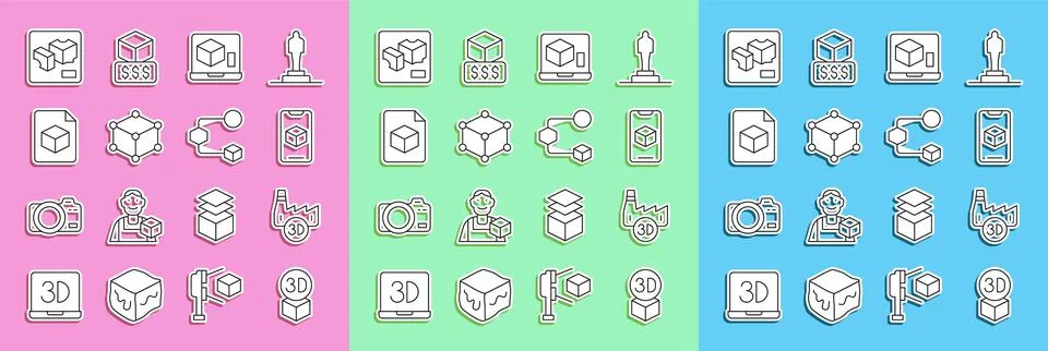 Set line Isometric cube, Printing house industry, 3D printer software, file,  Ilustração Stock