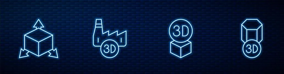 Set line Isometric cube, , Printing house industry and 3D printer. Glowing .. Stock Illustration