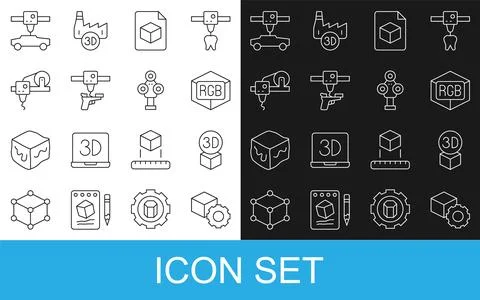 Set line Isometric cube RGB and CMYK color mixing file 3D printer gun car and Stock-Illustration