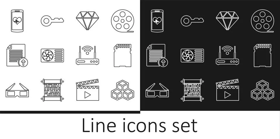 Set line Isometric cube, SD card, Diamond, Air conditioner, Upload file Stock Illustration