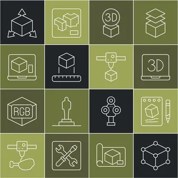 Set line Isometric cube, Sketch on paper, 3D printer, and icon. Vector Stock Illustration