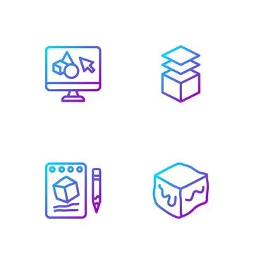 Set line Isometric cube, Sketch on paper, 3D printer software and Layers. G.. Ilustração Stock