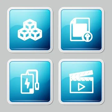 Set line Isometric cube, Upload file, Power bank and Movie clapper icon. Vector 스톡 일러스트