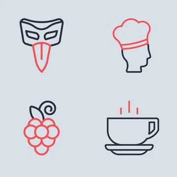 Set line Italian cook, Grape fruit, Coffee cup and Carnival mask icon. Vector Stock Illustration