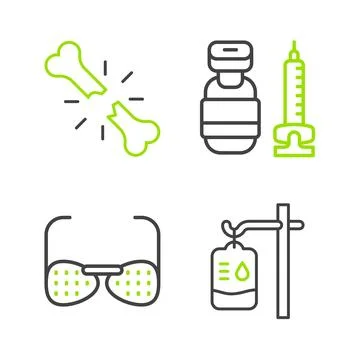 Set line IV bag, Blind glasses, Syringe and Human broken bone icon. Vector Stock Illustration