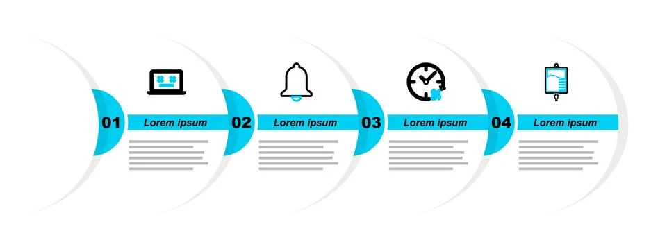 Set line IV bag, Clock 24 hours, Ringing bell and Dead laptop icon. Vector Stock Illustration