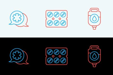 Set line IV bag, Dialogue with the doctor and Pills in blister pack icon. V.. Stock Illustration