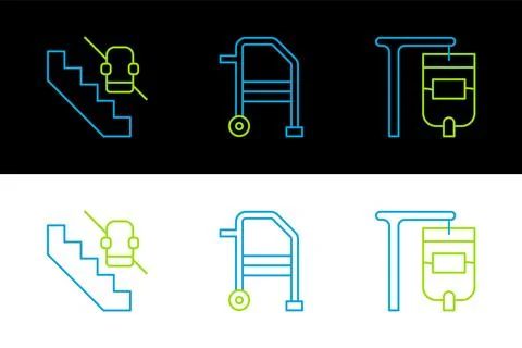 Set line IV bag, Disabled elevator and Walker icon. Vector 스톡 일러스트