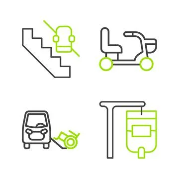 Set line IV bag, Disabled car, Electric wheelchair and elevator icon. Vector Illustrazione stock
