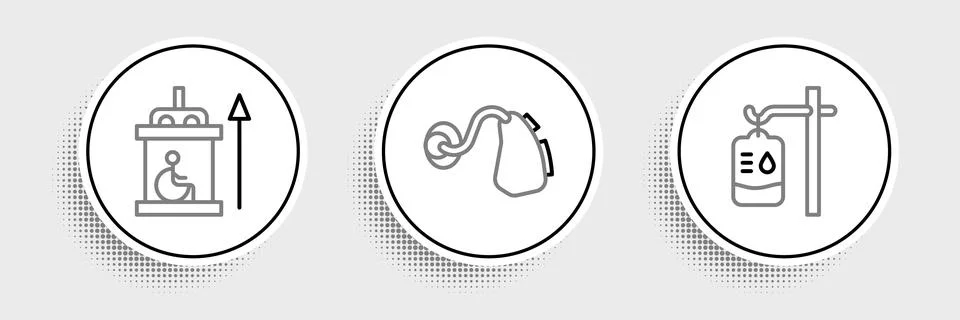 Set line IV bag, Elevator for disabled and Hearing aid icon. Vector Stock Illustration