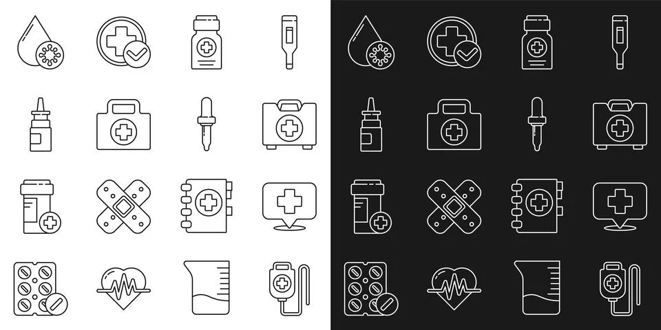 Set line IV bag, Map pointer with cross hospital, First aid kit, Medicine bottle Stock Illustration