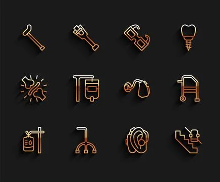 Set line IV bag, Walking stick cane, Hearing aid, Disabled elevator, Walker and Stock Illustration