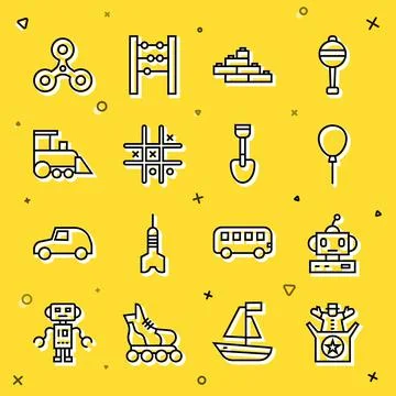 Set line Jack in the box toy, Robot, Balloons with ribbon, Toy building block Ilustración de archivo