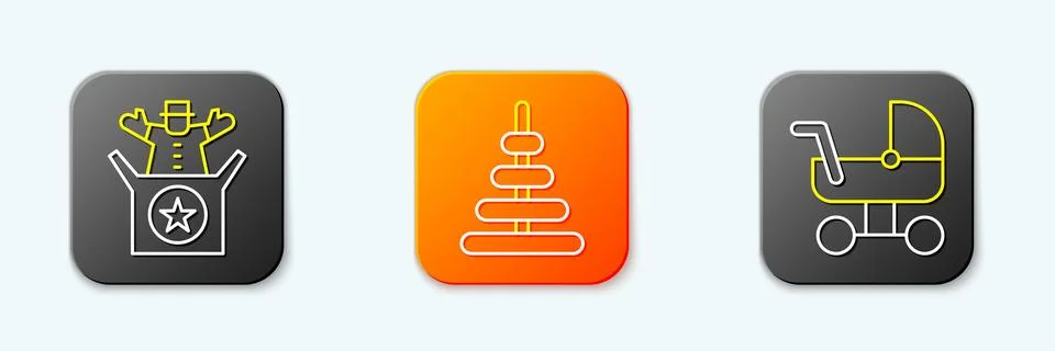 Set line Jack in the box toy, Pyramid and Baby stroller icon. Vector イラスト素材