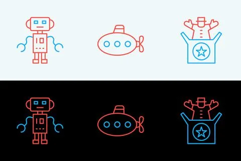 Set line Jack in the box toy, Robot and Submarine icon. Vector Stock Illustration