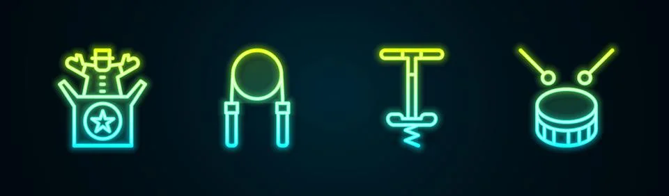 Set line Jack in the box toy, Jump rope, Pogo stick jumping and Drum with d.. Stock Illustration