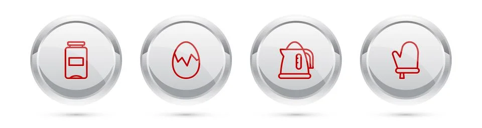 Set line Jam jar Broken egg Electric kettle and Oven glove. Silver circle but Stock Illustration