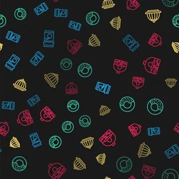 Set line Jam jar, Donut, Pudding custard and Brick stove on seamless pattern Illustrazione stock