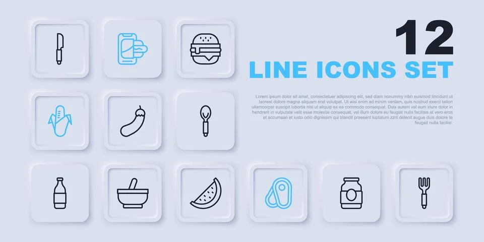 Set line Jam jar, Fork, Eggplant, Steak meat, Corn, Mortar and pestle, Food.. Stock Illustration