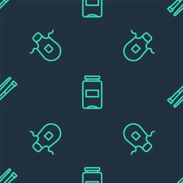 Set line Jam jar, Kitchen apron and Food chopsticks on seamless pattern. Vect Stock Illustration