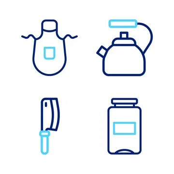 Set line Jam jar, Meat chopper, Kettle with handle and Kitchen apron icon Illustration