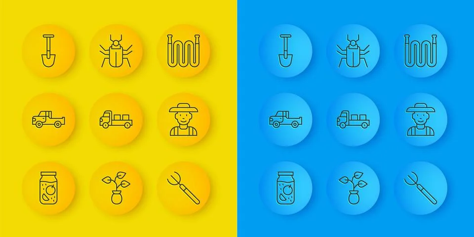 Set line Jam jar, Pickup truck, Garden pitchfork, Farmer in the hat, Shovel.. Stock Illustration