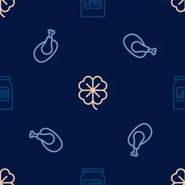 Set line Jam jar, Roasted turkey or chicken and Four leaf clover on seamless Stock Illustration