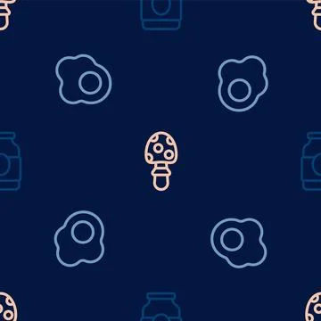 Set line Jam jar, Scrambled egg and Fly agaric mushroom on seamless pattern.. Illustrazione stock