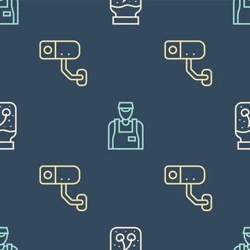 Set line Jam jar, Security camera and Seller on seamless pattern. Vector 스톡 일러스트
