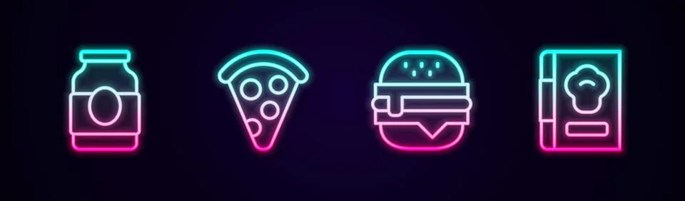 Set line Jam jar, Slice of pizza, Burger and Cookbook. Glowing neon icon. Vector Stockillustratie